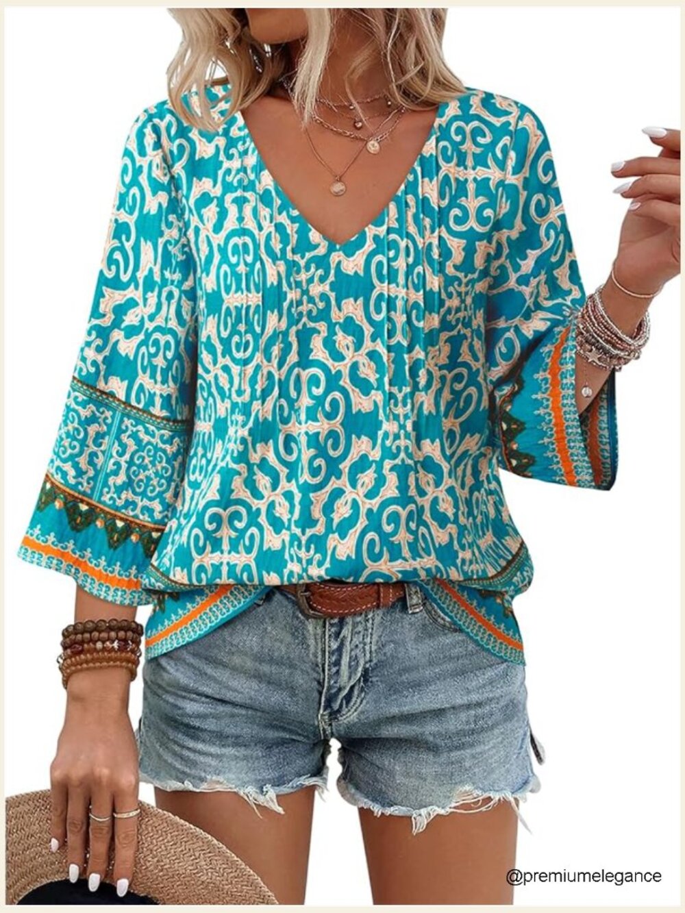 Womens Bohemian Floral Tunic 3/4 Sleeve V Neck Loose Fit Blouse